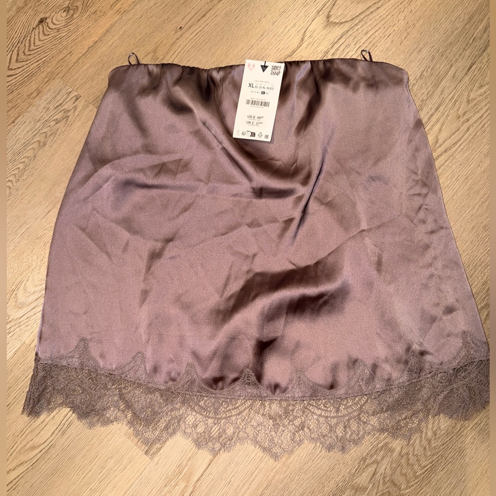 Zara Mauve Satin Lace-Trim Off The Shoulder Top
